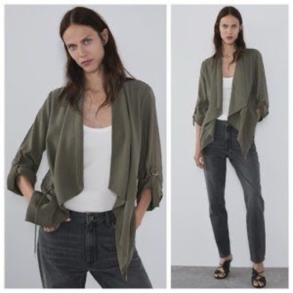 Zara Women's Olive Green Waterfall Open Front Draped Jacket Blazer Size Small - Picture 16 of 16